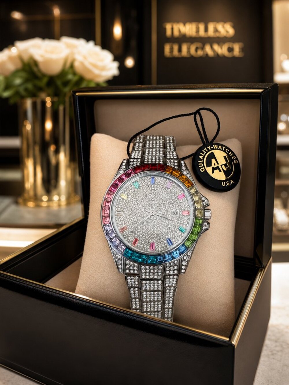 AJ USA Men's Crystal Pavé Stainless Steel Watch NEW